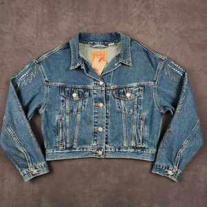 Levis Shrunken 90s Trucker Jacket Embellished Womens Medium Blue Relaxed Cropped